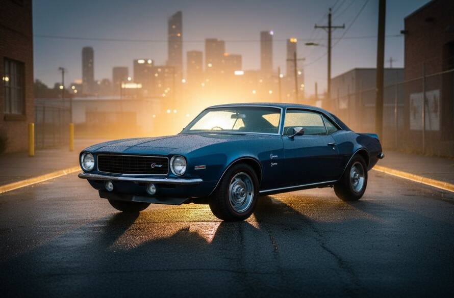 Dramatic night shot of a pristine red vintage sports car parked elegantly under a subtle streetlamp glow in Keilor Park, showcasing its polished chrome and sleek lines, emphasizing professional Keilor Park classic car photography services.