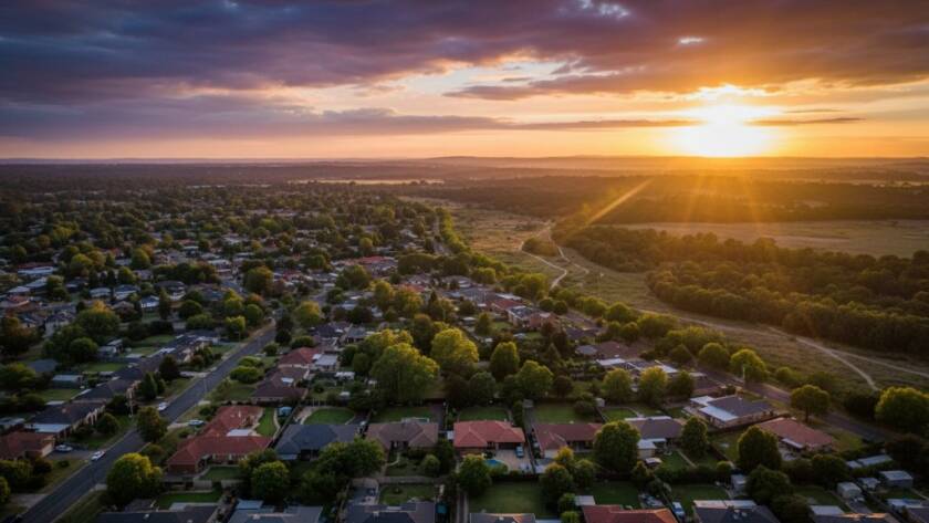Dramatic aerial view of a vibrant sunset over Keilor Park, Victoria, with suburban homes and green spaces bathed in golden light, showcasing Keilor Park drone photography capturing stunning aerial views Victoria.