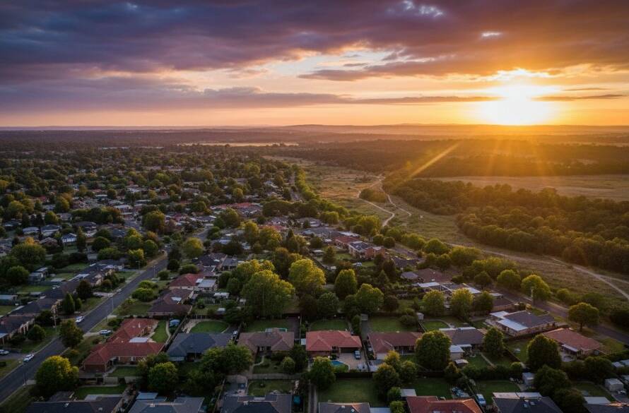 Dramatic aerial view of a vibrant sunset over Keilor Park, Victoria, with suburban homes and green spaces bathed in golden light, showcasing Keilor Park drone photography capturing stunning aerial views Victoria.