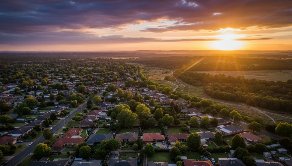 Dramatic aerial view of a vibrant sunset over Keilor Park, Victoria, with suburban homes and green spaces bathed in golden light, showcasing Keilor Park drone photography capturing stunning aerial views Victoria.