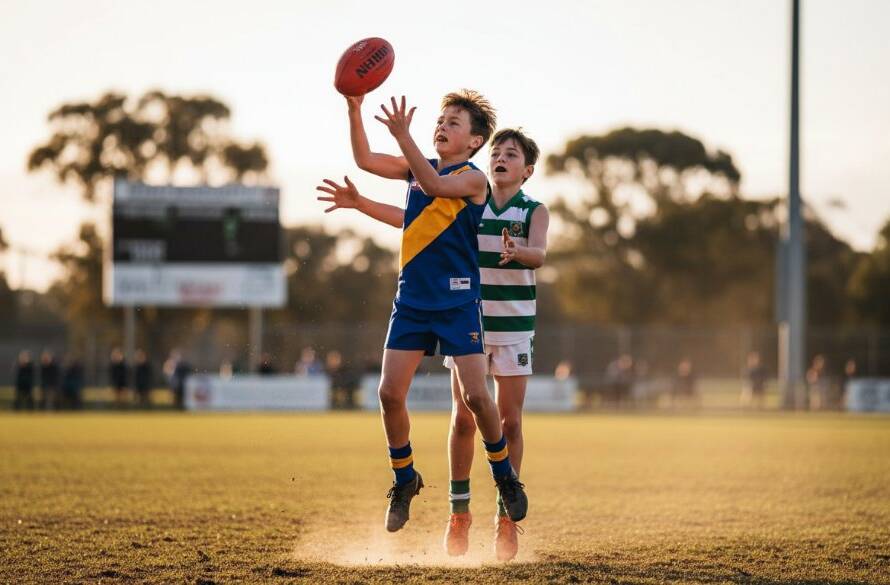 A dynamic and emotionally charged photograph capturing a critical moment in Keilor Park junior footy action photography, showing a young athlete mid-air attempting a mark, with intense focus on their face, under dramatic evening light at a local Keilor Park oval.