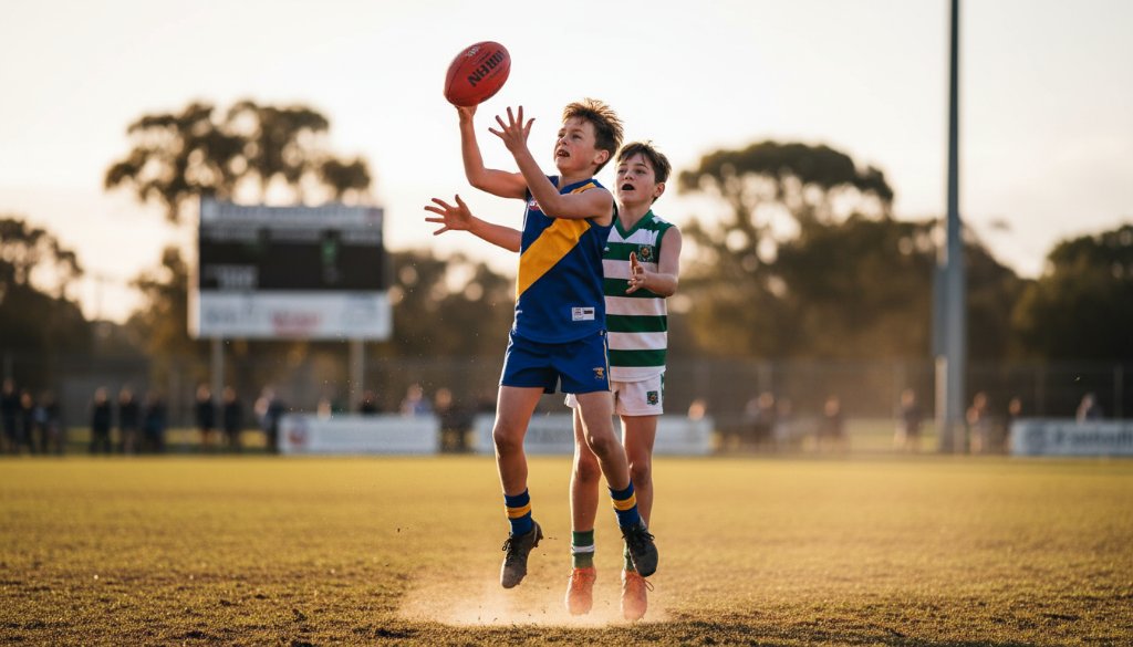A dynamic and emotionally charged photograph capturing a critical moment in Keilor Park junior footy action photography, showing a young athlete mid-air attempting a mark, with intense focus on their face, under dramatic evening light at a local Keilor Park oval.
