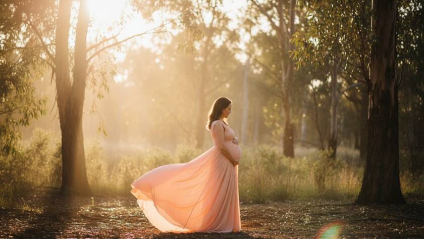 A radiant pregnant woman in an elegant flowing gown, bathed in golden hour light, walking through the sun-drenched Australian bushland of Keilor Park, embodying the Keilor Park Maternity Photography Bushland Joy, with a dramatic and ethereal atmosphere.