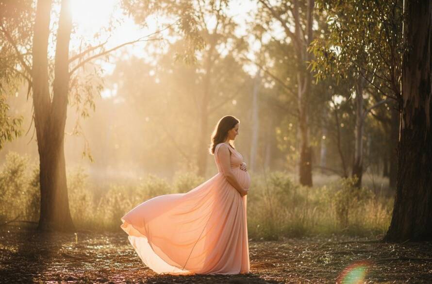 A radiant pregnant woman in an elegant flowing gown, bathed in golden hour light, walking through the sun-drenched Australian bushland of Keilor Park, embodying the Keilor Park Maternity Photography Bushland Joy, with a dramatic and ethereal atmosphere.