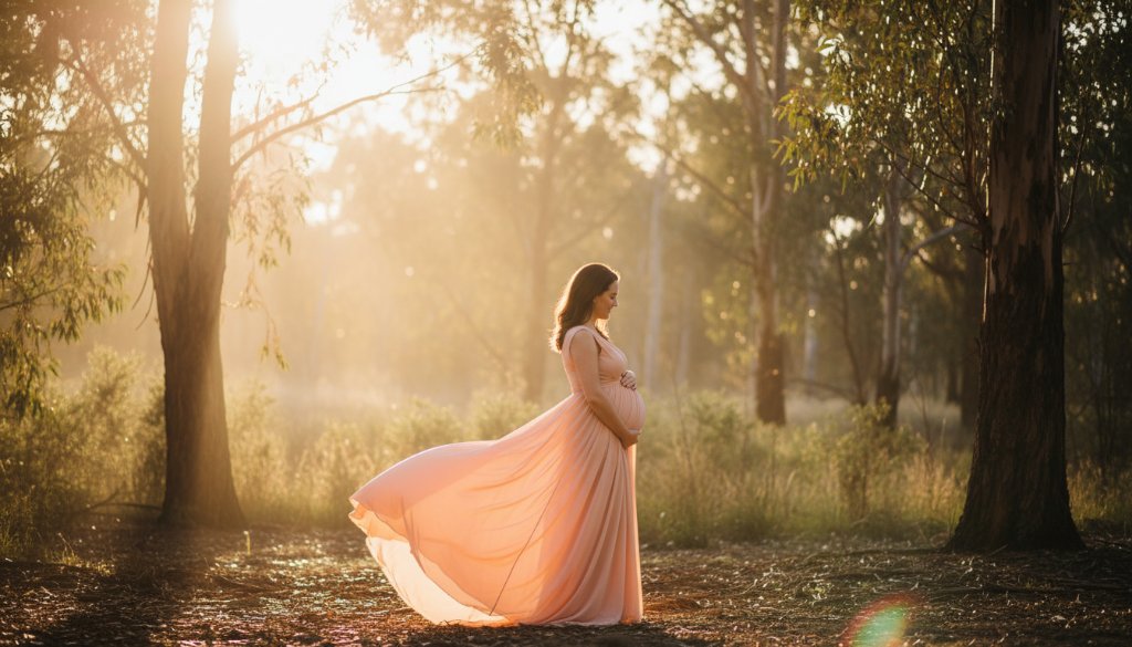 A radiant pregnant woman in an elegant flowing gown, bathed in golden hour light, walking through the sun-drenched Australian bushland of Keilor Park, embodying the Keilor Park Maternity Photography Bushland Joy, with a dramatic and ethereal atmosphere.