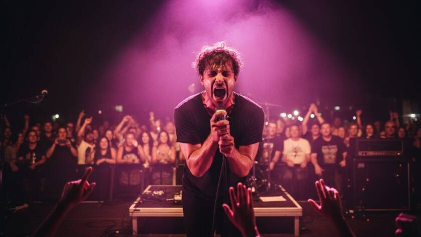 Dynamic Keilor Park vibrant live music photography capturing a lead guitarist mid-shred under dramatic stage lights, with a blurred, cheering crowd in the background, conveying immense energy and atmosphere.