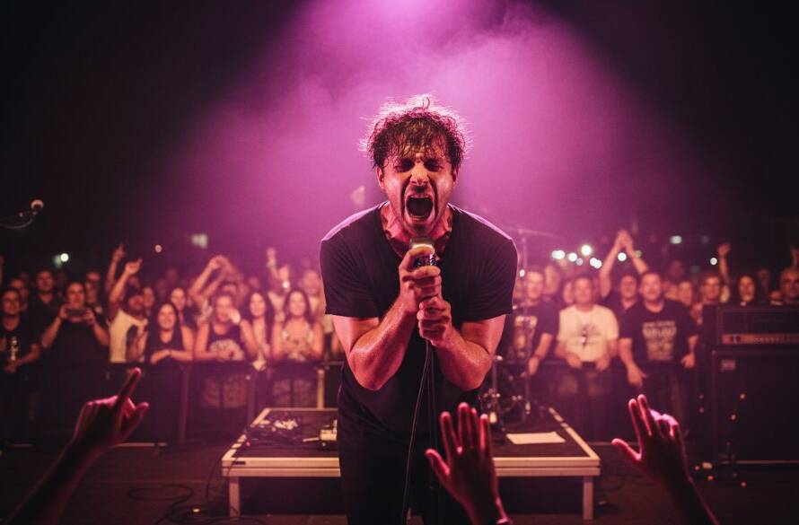 Dynamic Keilor Park vibrant live music photography capturing a lead guitarist mid-shred under dramatic stage lights, with a blurred, cheering crowd in the background, conveying immense energy and atmosphere.