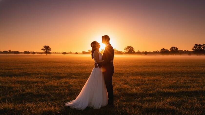 Keilor Park wedding photography genuine joy captured in an epic, dramatic wide shot of a newlywed couple embracing under the golden hour glow, with the vibrant green parklands and a hint of classic Victorian architecture in the background, showcasing their pure happiness.
