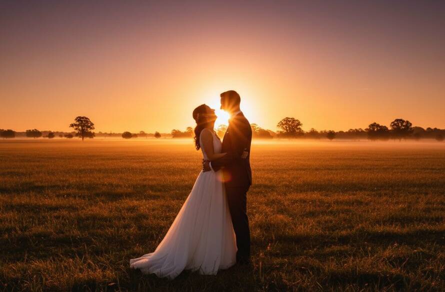 Keilor Park wedding photography genuine joy captured in an epic, dramatic wide shot of a newlywed couple embracing under the golden hour glow, with the vibrant green parklands and a hint of classic Victorian architecture in the background, showcasing their pure happiness.