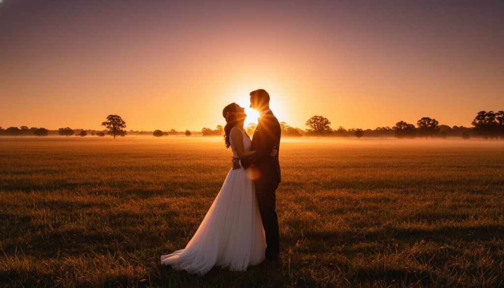 Keilor Park wedding photography genuine joy captured in an epic, dramatic wide shot of a newlywed couple embracing under the golden hour glow, with the vibrant green parklands and a hint of classic Victorian architecture in the background, showcasing their pure happiness.