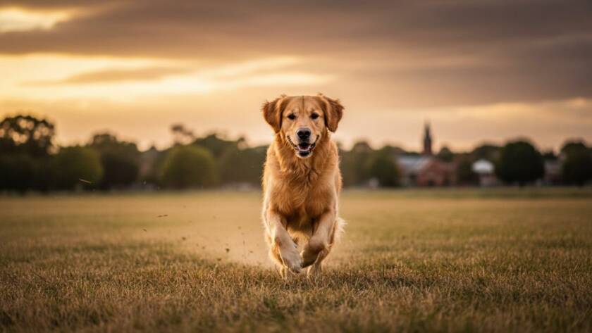 An epic, wide-angle professional photograph capturing a golden retriever mid-leap, joyfully playing fetch in a sun-drenched Keilor park, embodying Keilor pet photography joyous outdoor moments. The dog is silhouetted slightly against the setting sun, with a blurred background of green trees and the distinctive architecture of Keilor village. Dramatic lighting and rich, warm colour grading.