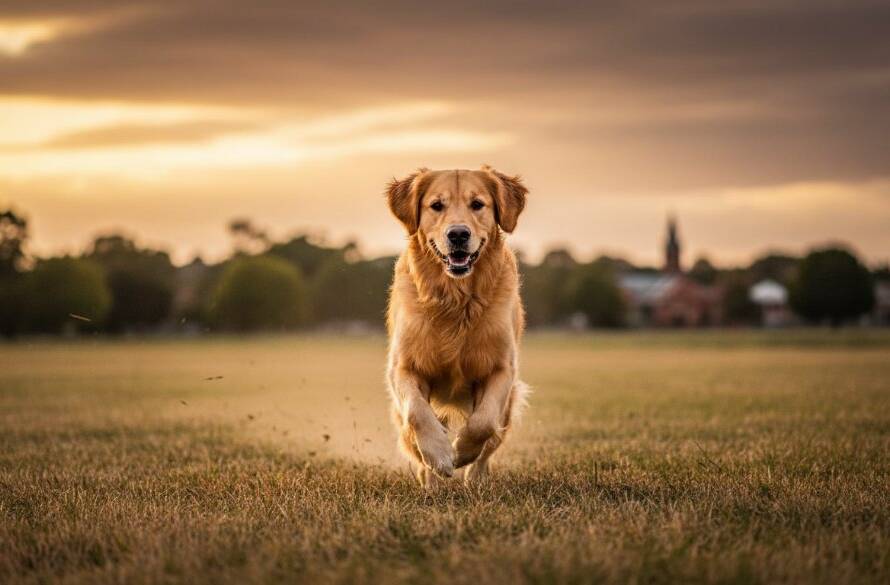 An epic, wide-angle professional photograph capturing a golden retriever mid-leap, joyfully playing fetch in a sun-drenched Keilor park, embodying Keilor pet photography joyous outdoor moments. The dog is silhouetted slightly against the setting sun, with a blurred background of green trees and the distinctive architecture of Keilor village. Dramatic lighting and rich, warm colour grading.