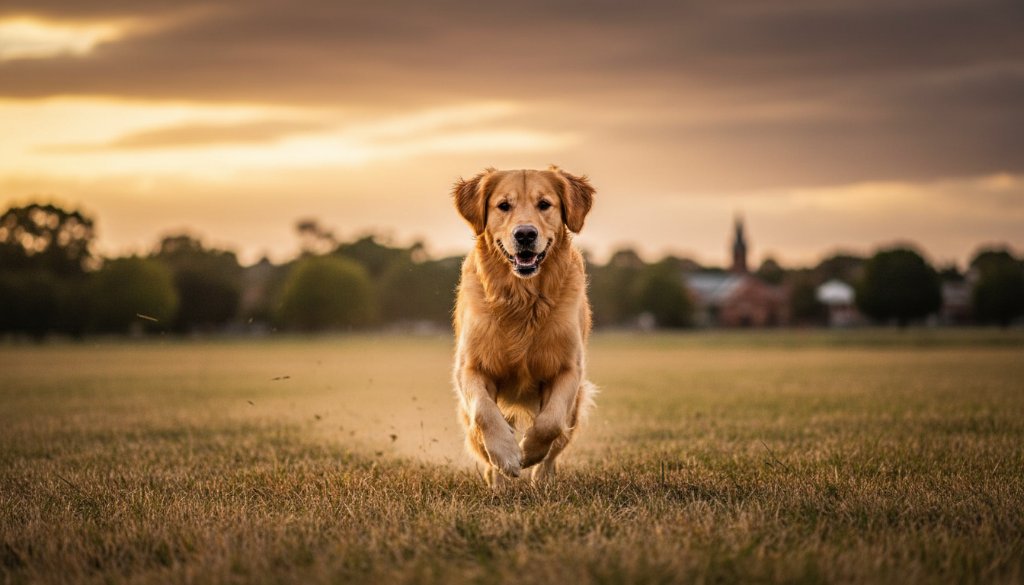 An epic, wide-angle professional photograph capturing a golden retriever mid-leap, joyfully playing fetch in a sun-drenched Keilor park, embodying Keilor pet photography joyous outdoor moments. The dog is silhouetted slightly against the setting sun, with a blurred background of green trees and the distinctive architecture of Keilor village. Dramatic lighting and rich, warm colour grading.