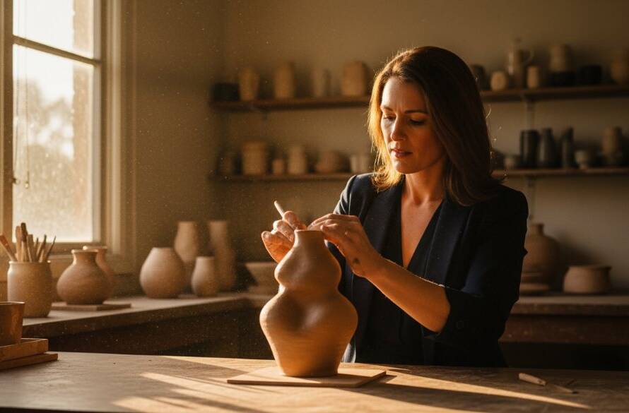 Dynamic wide shot of a local artisan in Keilor, Victoria, passionately crafting bespoke items in their sunlit studio, capturing their brand's essence for Keilor small business branding photography Victoria, with dramatic natural light highlighting their focused expression and the textures of their work, conveying authenticity and skill.