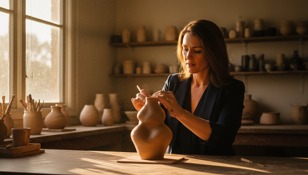 Dynamic wide shot of a local artisan in Keilor, Victoria, passionately crafting bespoke items in their sunlit studio, capturing their brand's essence for Keilor small business branding photography Victoria, with dramatic natural light highlighting their focused expression and the textures of their work, conveying authenticity and skill.