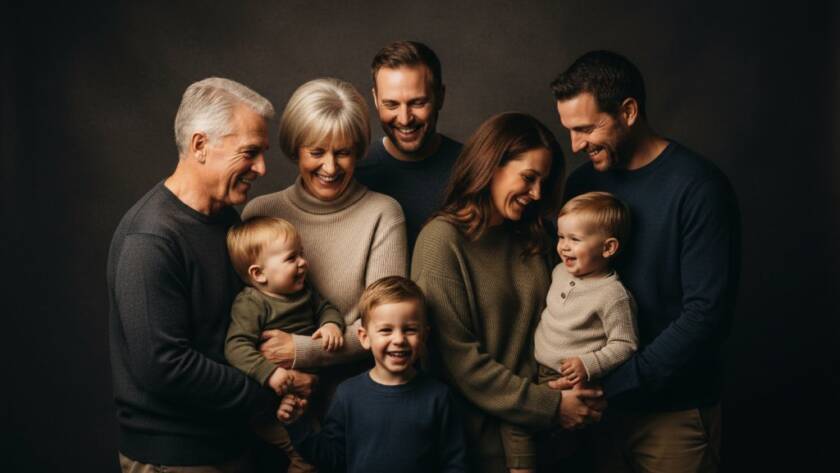 A joyous multi-generational family group in Keilor studio portrait experience for families, laughing genuinely against a softly lit backdrop, showcasing a warm, authentic moment captured by a professional photographer.