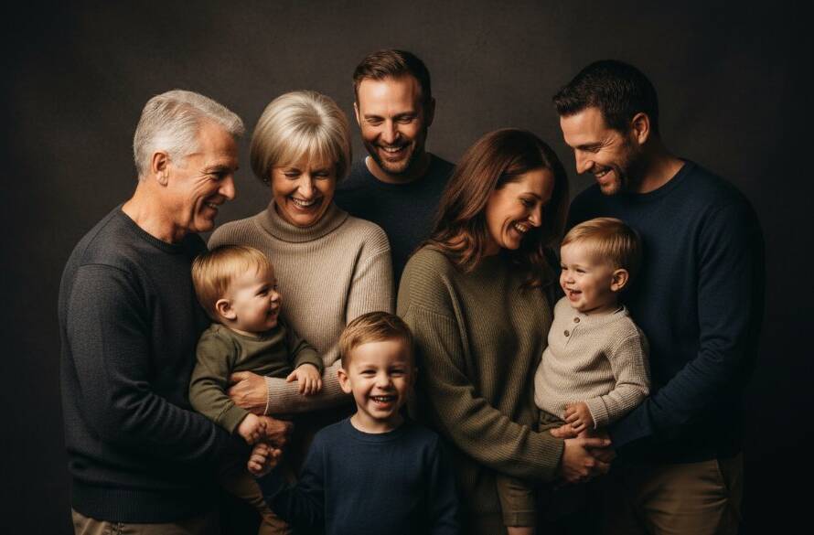 A joyous multi-generational family group in Keilor studio portrait experience for families, laughing genuinely against a softly lit backdrop, showcasing a warm, authentic moment captured by a professional photographer.