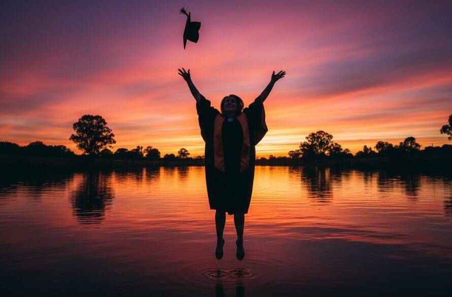 A jubilant graduate in their gown and mortarboard, tossing their cap high against a dramatic sunset backdrop over the Maribyrnong River in Keilor, encapsulating their "Keilor Victoria university graduation photography memories" with an epic, celebratory energy.