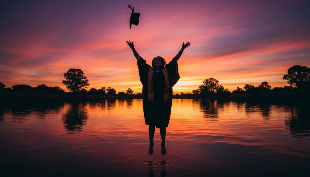 A jubilant graduate in their gown and mortarboard, tossing their cap high against a dramatic sunset backdrop over the Maribyrnong River in Keilor, encapsulating their "Keilor Victoria university graduation photography memories" with an epic, celebratory energy.