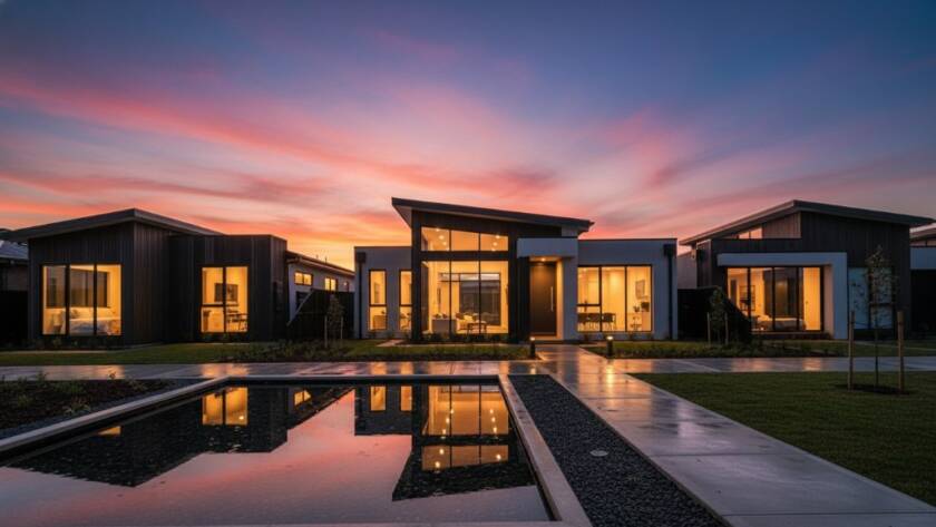 A wide-angle, dramatic sunset photograph showcasing Keysborough architectural photography capturing local character, with modern residential buildings silhouetted against a vibrant orange and purple sky, reflecting in a still water feature, evoking a sense of calm and modern urban beauty.