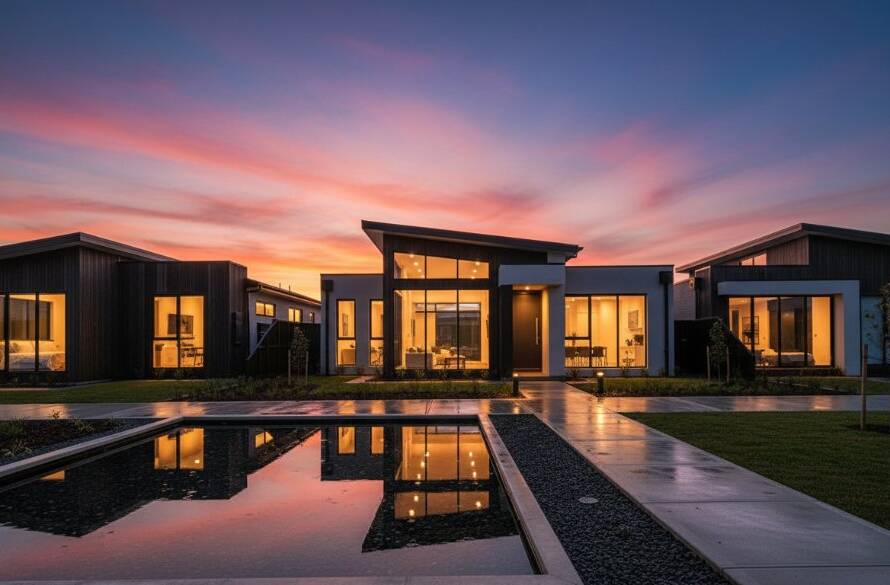 A wide-angle, dramatic sunset photograph showcasing Keysborough architectural photography capturing local character, with modern residential buildings silhouetted against a vibrant orange and purple sky, reflecting in a still water feature, evoking a sense of calm and modern urban beauty.