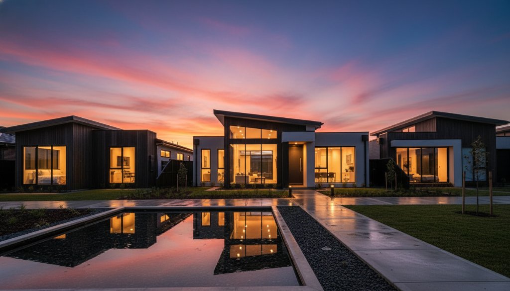 A wide-angle, dramatic sunset photograph showcasing Keysborough architectural photography capturing local character, with modern residential buildings silhouetted against a vibrant orange and purple sky, reflecting in a still water feature, evoking a sense of calm and modern urban beauty.