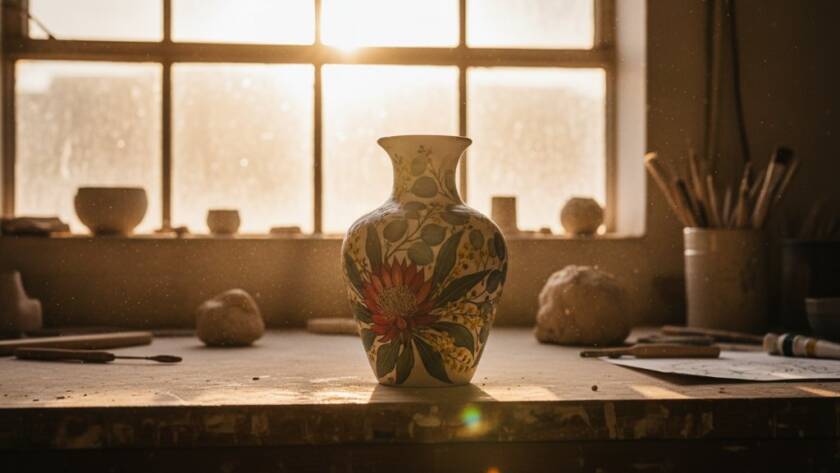 An exquisite close-up shot of handcrafted ceramic mugs glowing under dramatic studio lighting, showcasing the intricate details and texture, embodying the essence of Keysborough Bespoke Product Photography for Artisan Brands Online, with a soft bokeh background of a bustling artisan market stall.