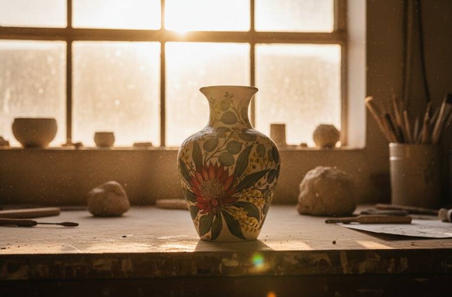 An exquisite close-up shot of handcrafted ceramic mugs glowing under dramatic studio lighting, showcasing the intricate details and texture, embodying the essence of Keysborough Bespoke Product Photography for Artisan Brands Online, with a soft bokeh background of a bustling artisan market stall.