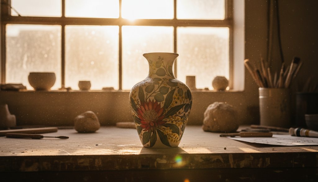 An exquisite close-up shot of handcrafted ceramic mugs glowing under dramatic studio lighting, showcasing the intricate details and texture, embodying the essence of Keysborough Bespoke Product Photography for Artisan Brands Online, with a soft bokeh background of a bustling artisan market stall.