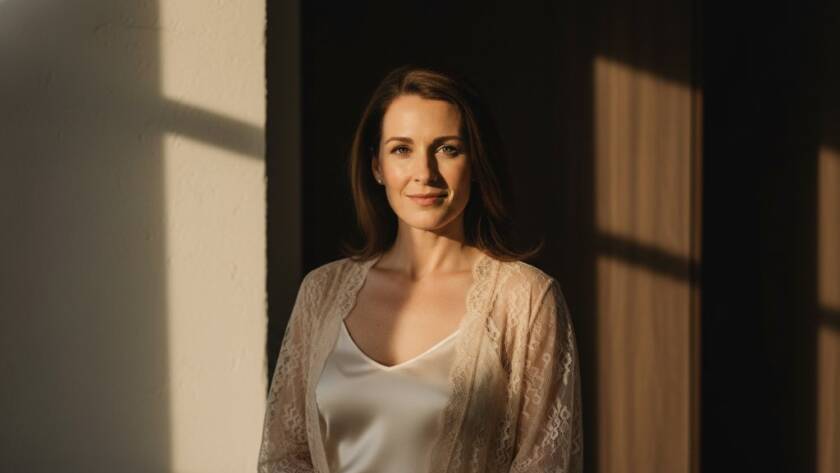 A stunning and empowering Keysborough Boudoir Photography Studio Experience moment, featuring a woman elegantly posed in a luxurious, softly lit studio, with dramatic shadows and highlights accentuating her form, captured with professional colour grading.