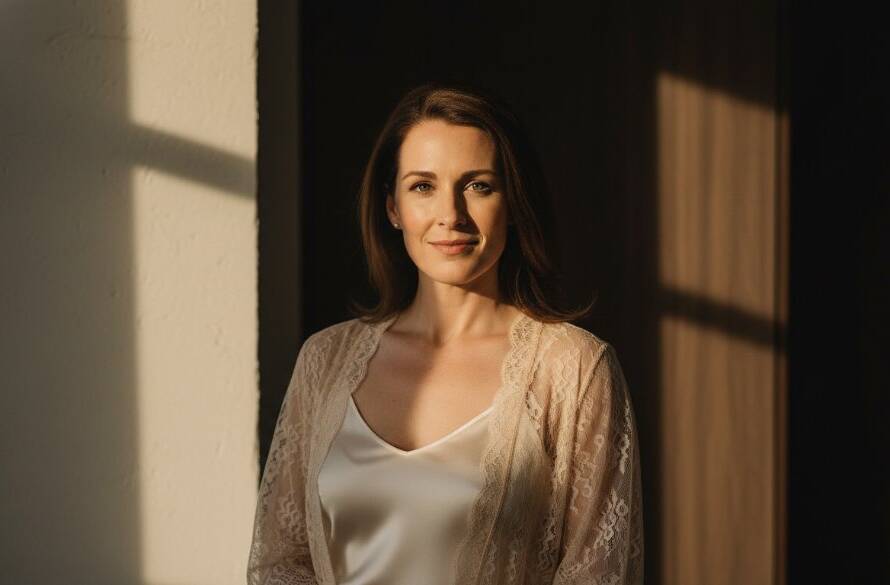 A stunning and empowering Keysborough Boudoir Photography Studio Experience moment, featuring a woman elegantly posed in a luxurious, softly lit studio, with dramatic shadows and highlights accentuating her form, captured with professional colour grading.