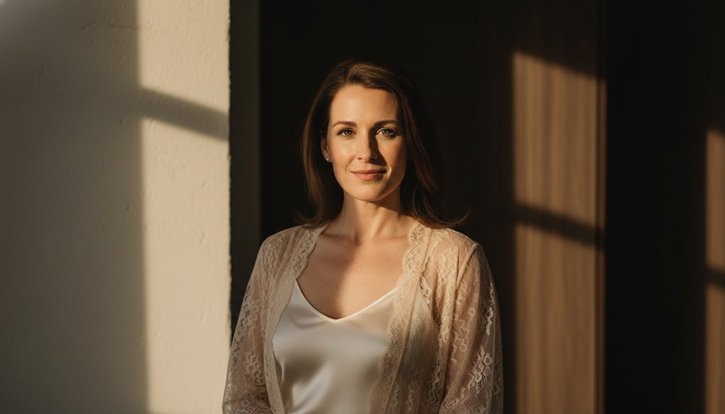 A stunning and empowering Keysborough Boudoir Photography Studio Experience moment, featuring a woman elegantly posed in a luxurious, softly lit studio, with dramatic shadows and highlights accentuating her form, captured with professional colour grading.