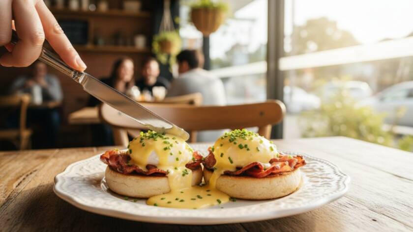 A professional close-up shot of a beautifully styled gourmet burger and artisanal coffee on a rustic wooden table inside a bustling Keysborough cafe, captured with dramatic lighting, showcasing the Keysborough Cafe Food Photography for Local Eateries expertise, highlighting steam rising from the coffee and vibrant ingredients.