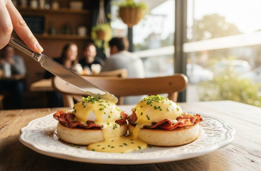 A professional close-up shot of a beautifully styled gourmet burger and artisanal coffee on a rustic wooden table inside a bustling Keysborough cafe, captured with dramatic lighting, showcasing the Keysborough Cafe Food Photography for Local Eateries expertise, highlighting steam rising from the coffee and vibrant ingredients.