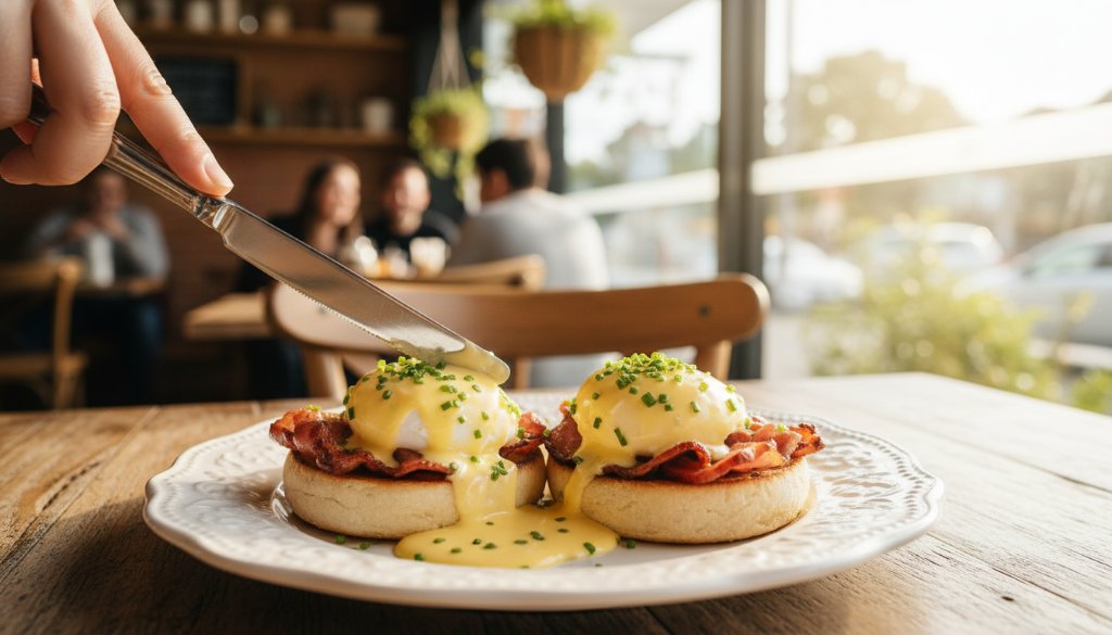 A professional close-up shot of a beautifully styled gourmet burger and artisanal coffee on a rustic wooden table inside a bustling Keysborough cafe, captured with dramatic lighting, showcasing the Keysborough Cafe Food Photography for Local Eateries expertise, highlighting steam rising from the coffee and vibrant ingredients.
