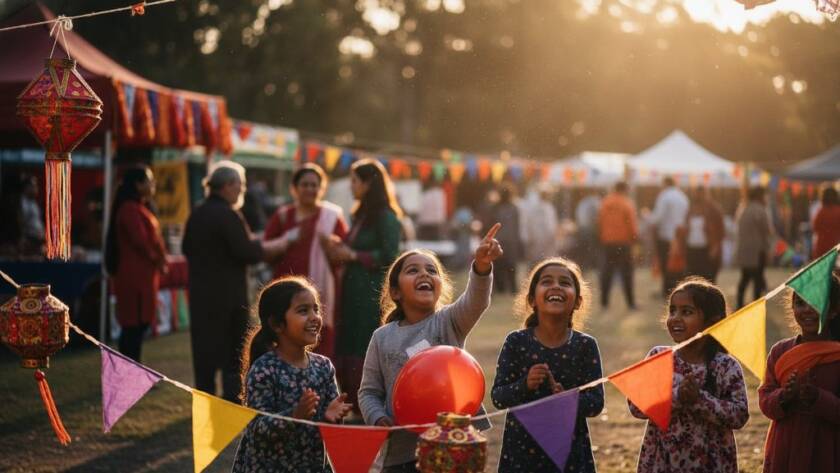 Dynamic wide shot of Keysborough community event photography capturing genuine joy, featuring a lively multicultural festival scene at Alex Wilkie Nature Reserve, with children laughing amidst vibrant decorations and a golden hour glow.
