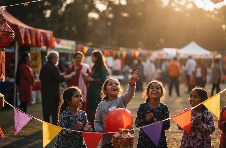 Dynamic wide shot of Keysborough community event photography capturing genuine joy, featuring a lively multicultural festival scene at Alex Wilkie Nature Reserve, with children laughing amidst vibrant decorations and a golden hour glow.