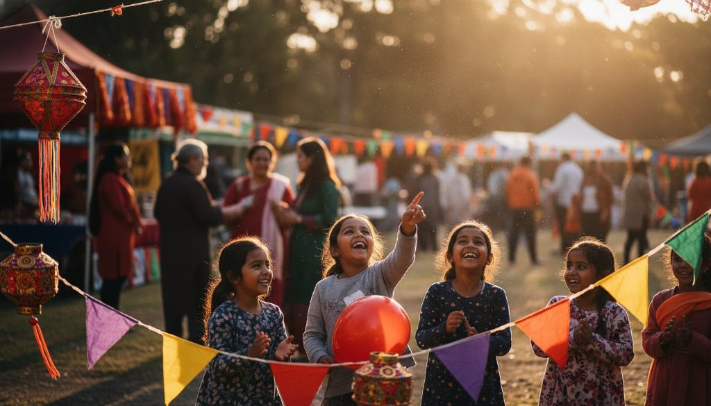 Dynamic wide shot of Keysborough community event photography capturing genuine joy, featuring a lively multicultural festival scene at Alex Wilkie Nature Reserve, with children laughing amidst vibrant decorations and a golden hour glow.