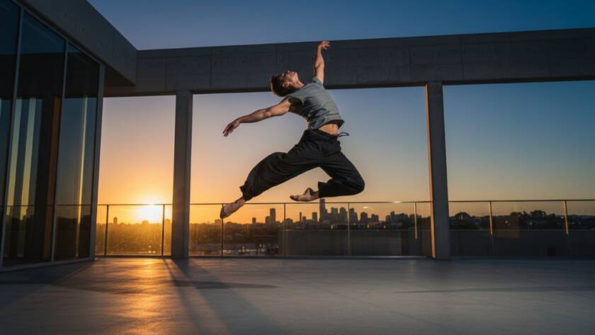 A dynamic, high-contrast Keysborough Dance Photography Melbourne shot featuring a ballet dancer mid-leap against a dramatic sunset backdrop near the Keysborough wetlands, capturing raw power and elegant motion with cinematic flair.