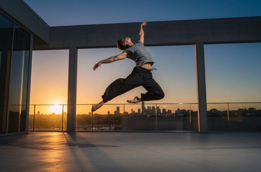 A dynamic, high-contrast Keysborough Dance Photography Melbourne shot featuring a ballet dancer mid-leap against a dramatic sunset backdrop near the Keysborough wetlands, capturing raw power and elegant motion with cinematic flair.