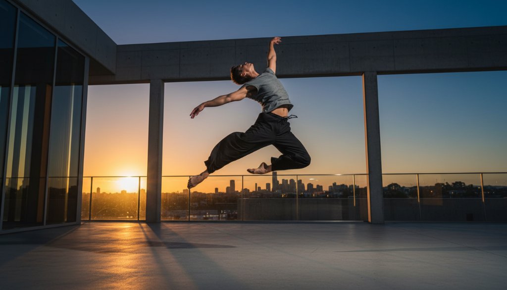 A dynamic, high-contrast Keysborough Dance Photography Melbourne shot featuring a ballet dancer mid-leap against a dramatic sunset backdrop near the Keysborough wetlands, capturing raw power and elegant motion with cinematic flair.