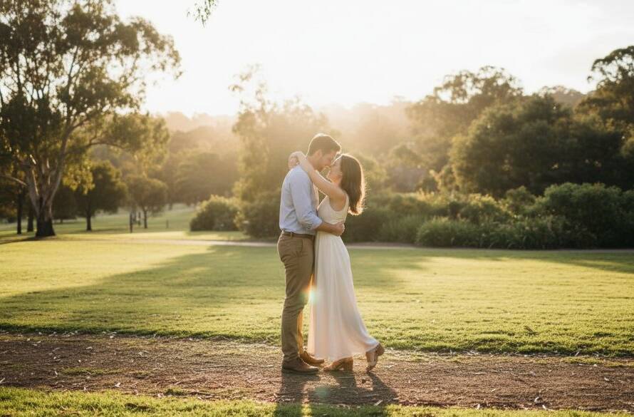 An epic moment captured during Keysborough engagement photography candid moments Melbourne, featuring a couple embracing passionately at sunset in a lush Keysborough park, with dramatic backlighting and a wide-angle, professional, color-graded shot.