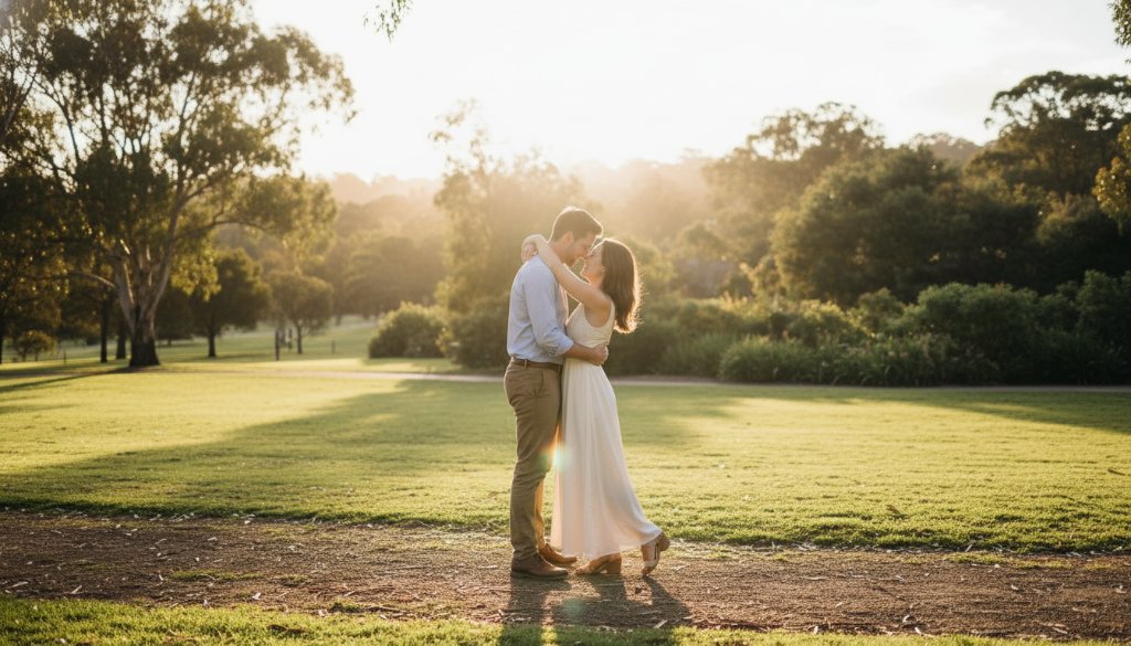 An epic moment captured during Keysborough engagement photography candid moments Melbourne, featuring a couple embracing passionately at sunset in a lush Keysborough park, with dramatic backlighting and a wide-angle, professional, color-graded shot.