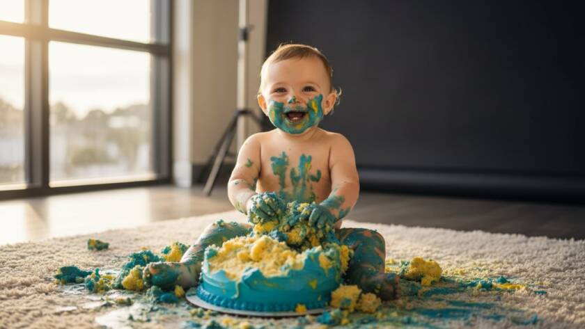 A wide-angle, dramatic professional photograph capturing an overjoyed baby amidst a vibrant cake smash photoshoot in Keysborough, with colourful icing smeared and a beaming smile, celebrating their first birthday milestone.