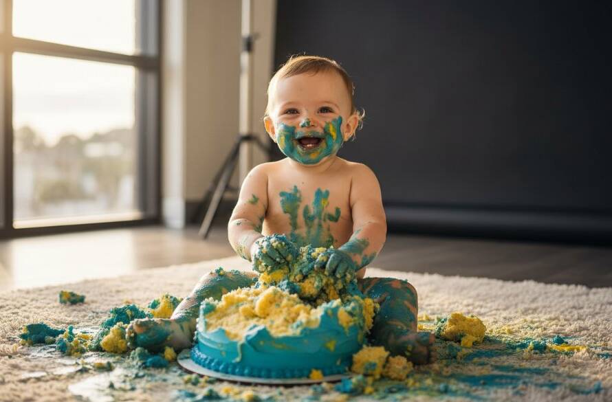 A wide-angle, dramatic professional photograph capturing an overjoyed baby amidst a vibrant cake smash photoshoot in Keysborough, with colourful icing smeared and a beaming smile, celebrating their first birthday milestone.