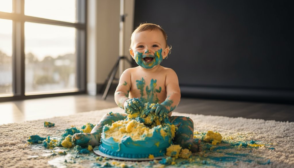A wide-angle, dramatic professional photograph capturing an overjoyed baby amidst a vibrant cake smash photoshoot in Keysborough, with colourful icing smeared and a beaming smile, celebrating their first birthday milestone.