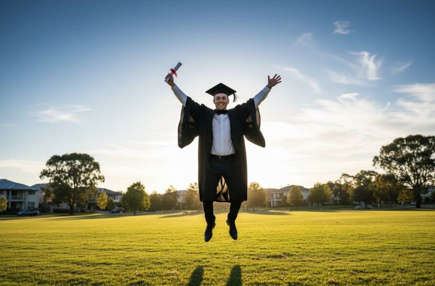 A joyous graduate in academic regalia, mid-air jump with arms outstretched, celebrating their Keysborough graduation photography capturing your milestone against a blurred, sun-drenched Keysborough park backdrop, conveying triumph and excitement with professional lighting.