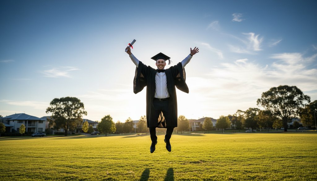 A joyous graduate in academic regalia, mid-air jump with arms outstretched, celebrating their Keysborough graduation photography capturing your milestone against a blurred, sun-drenched Keysborough park backdrop, conveying triumph and excitement with professional lighting.