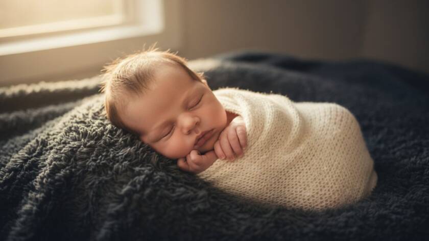 A heartwarming, beautifully lit portrait of a sleeping newborn baby in Keysborough, safely cradled in a textured wrap, with a soft focus on their delicate features, symbolising Keysborough newborn photography precious memories captured with artistic care.