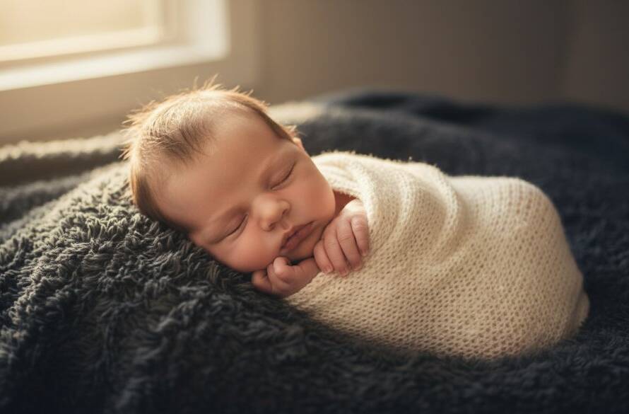 A heartwarming, beautifully lit portrait of a sleeping newborn baby in Keysborough, safely cradled in a textured wrap, with a soft focus on their delicate features, symbolising Keysborough newborn photography precious memories captured with artistic care.